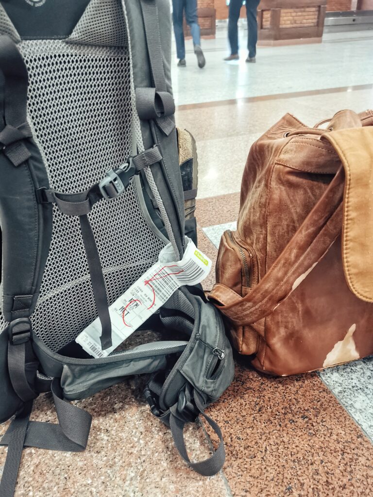 Mein großer Backpack und mein kleiner lederner Rucksack nebeneinander in Rückenansicht